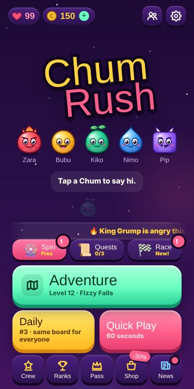 Chum Rush home screen with the five Chums, Adventure, Daily and Quick Play