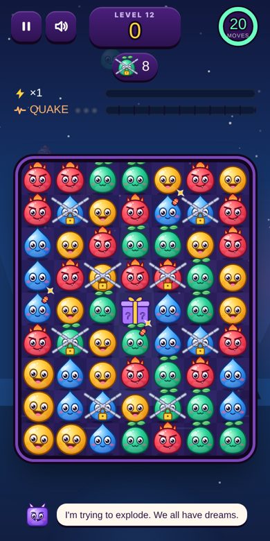 A Chum Rush level with chained Chums and a mystery box on the board